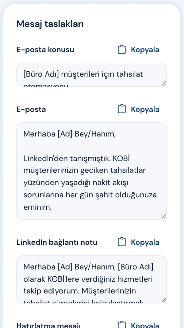 İlk mesaj ve LinkedIn notu taslakları